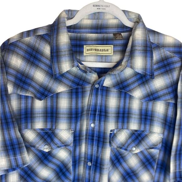 Bit & Bridle Blue Short Sleeve Pearl Snap Plaid Casual Western Shirt Mens Sz 2XL - Picture 2 of 4